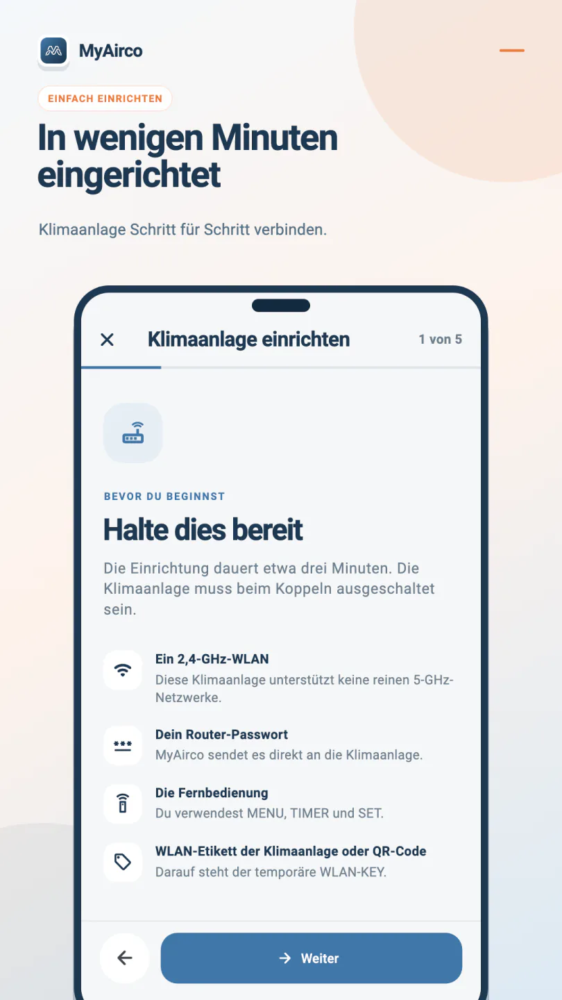 Der MyAirco-Einrichtungsassistent in Schritt eins von fünf mit der Vorbereitung für die Verbindung eines WLAN-Adapters mit dem Heimnetz.