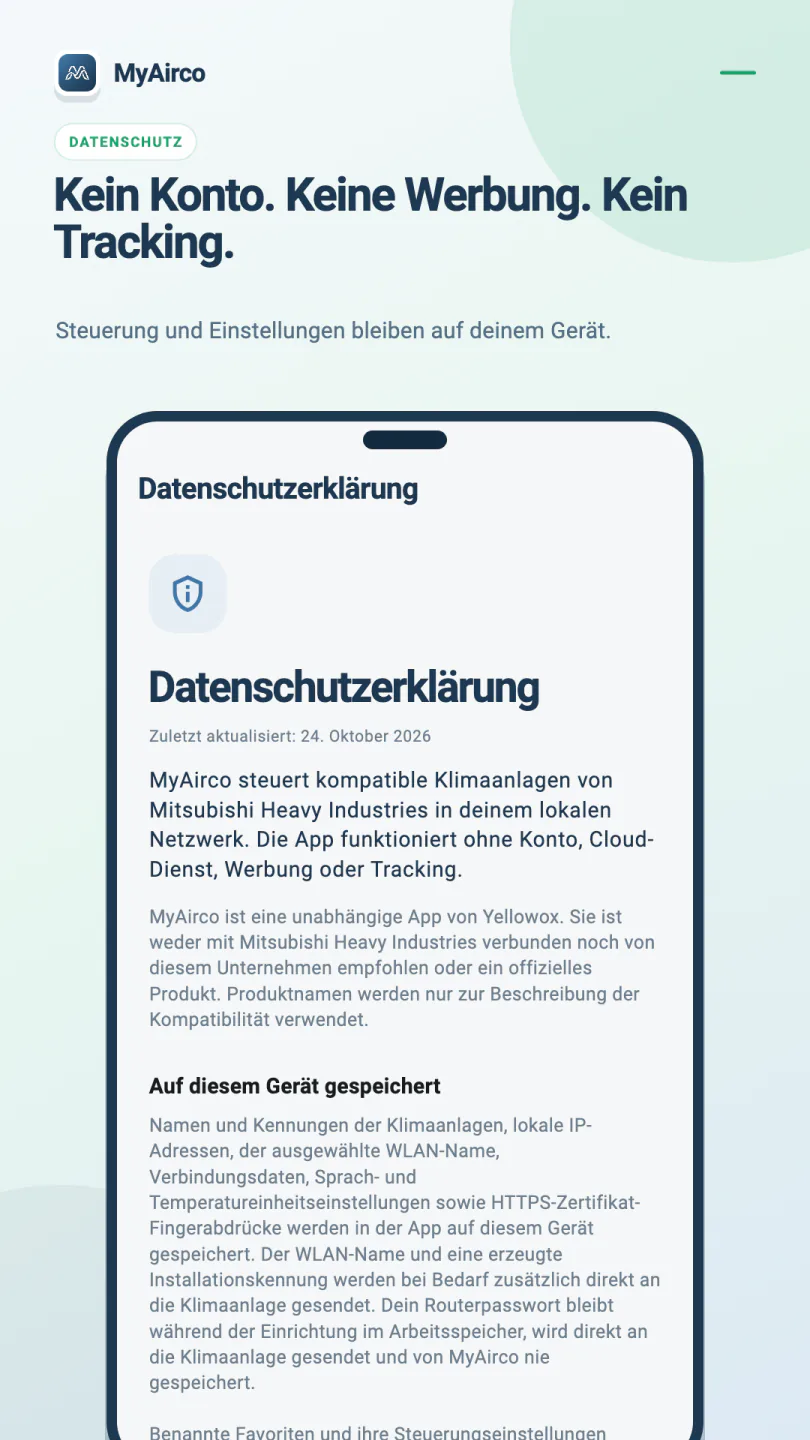 Die MyAirco-Datenschutzerklärung erläutert die WLAN-Steuerung sowie auf dem Telefon gespeicherte Gerätedaten und Favoriten.