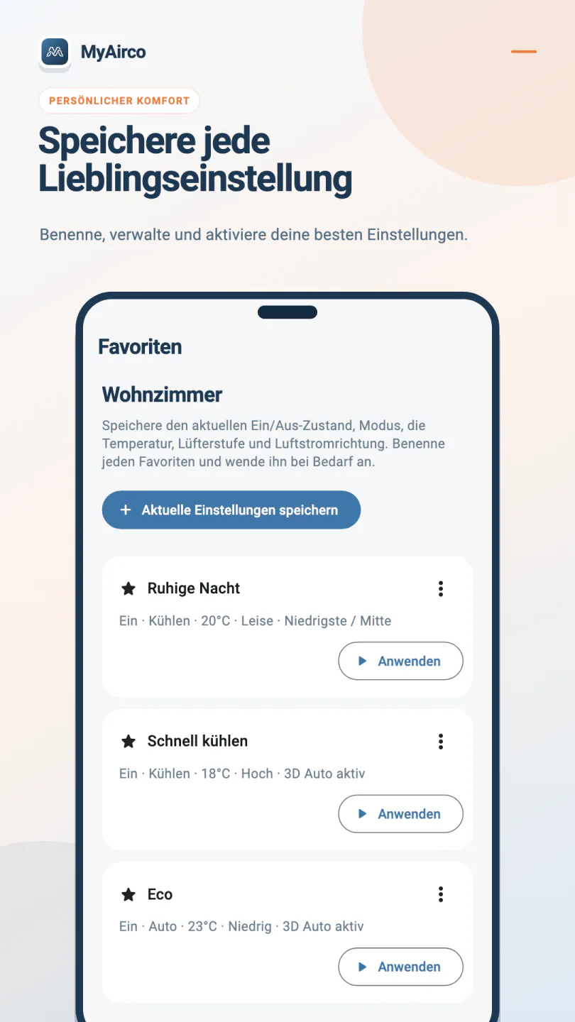 Die MyAirco-Favoritenansicht mit Ruhige Nacht, Schnell kühlen und Eco, jeweils mit einer Schaltfläche Anwenden.