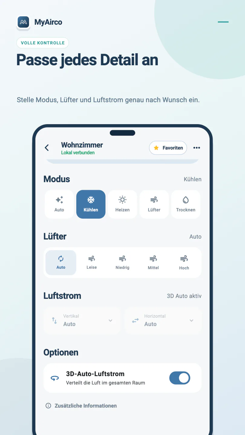 MyAirco-Regler für Betriebsart, Lüfterstufe, vertikalen und horizontalen Luftstrom bei aktiviertem 3D Auto.