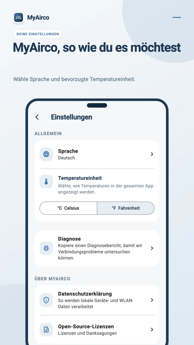 MyAirco-Einstellungen mit Sprachauswahl, Celsius und Fahrenheit, Diagnose, Datenschutzerklärung und Open-Source-Lizenzen.