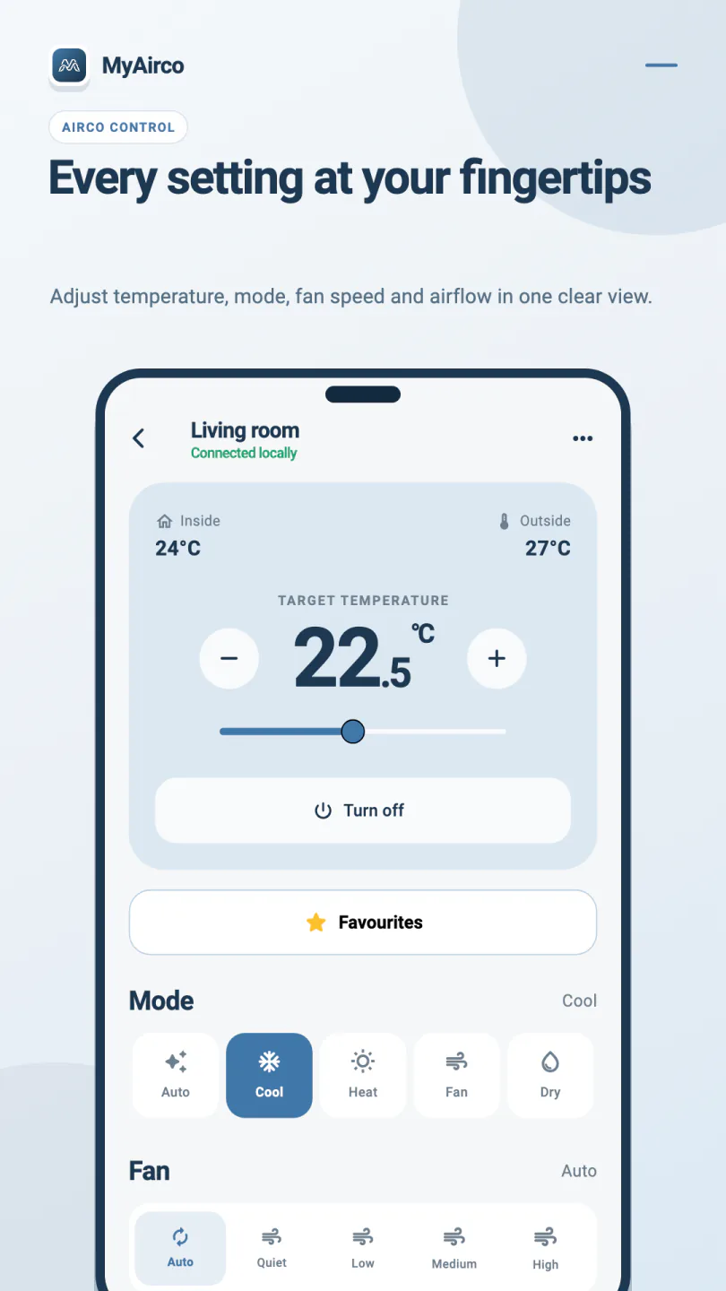 The MyAirco control screen for a Mitsubishi Heavy Industries air conditioner, showing inside and outside temperature, target temperature, mode and fan speed.
