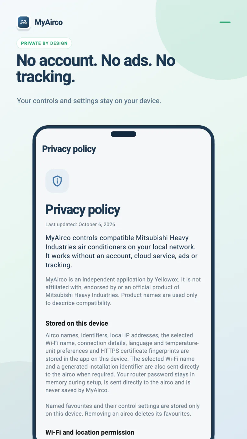 The MyAirco privacy policy explaining Wi-Fi control, device data and favourites stored on the phone.