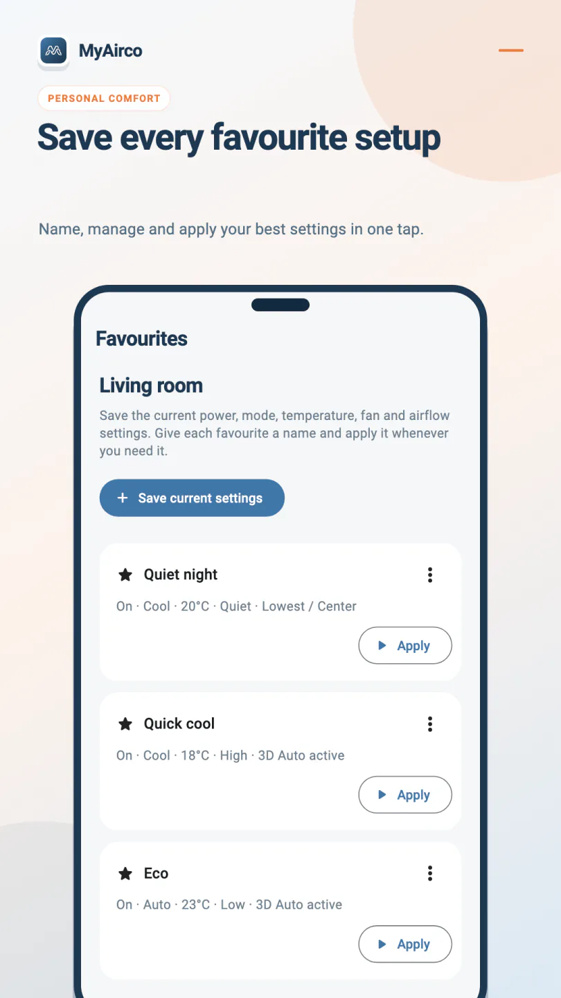 MyAirco favourites screen with named presets for Quiet night, Quick cool and Eco, each with an Apply button.