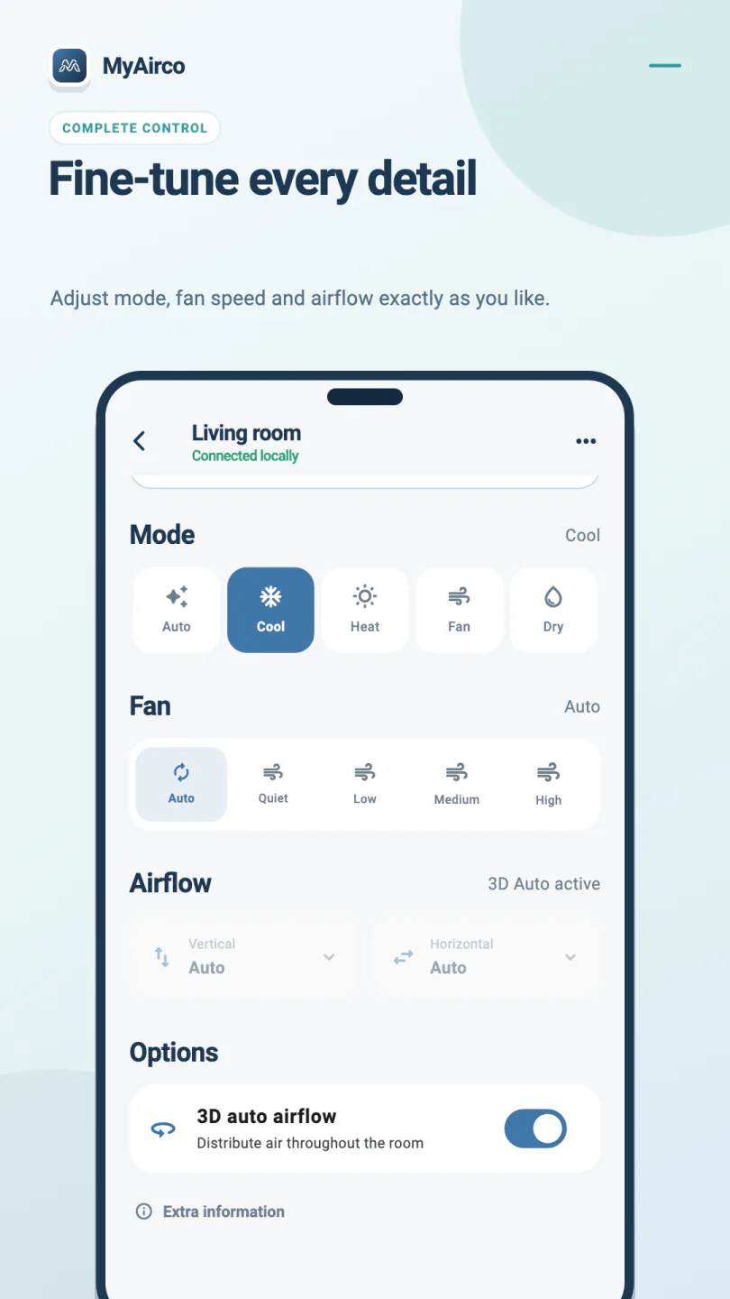 MyAirco controls for mode, fan speed, vertical and horizontal airflow, with 3D Auto enabled.