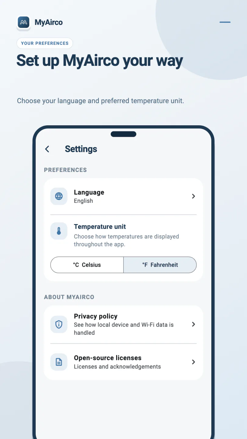 MyAirco settings with language selection, Celsius and Fahrenheit, privacy policy and open-source licenses.
