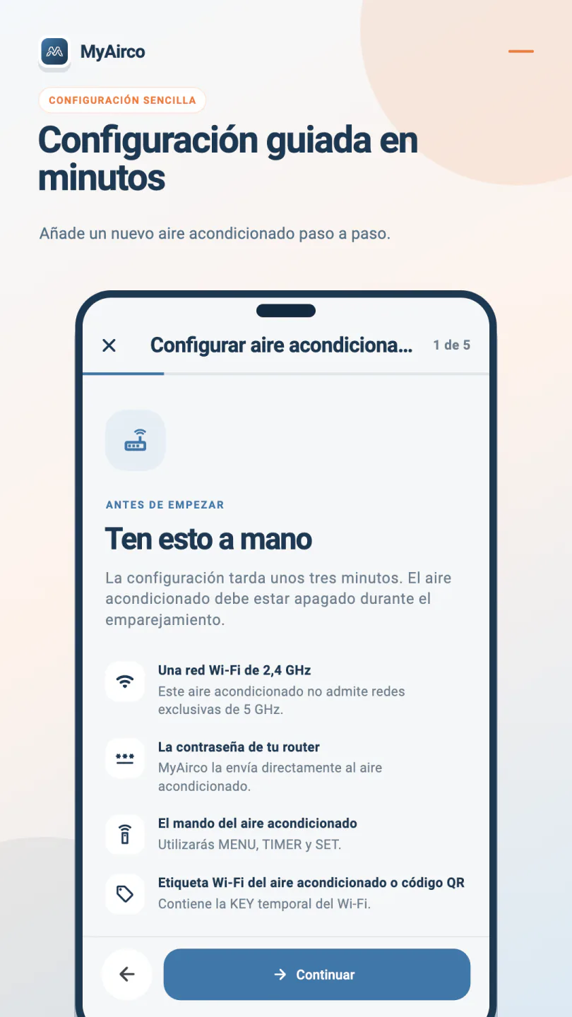 Primer paso de cinco del asistente MyAirco con los elementos necesarios para conectar un adaptador wifi a la red doméstica.