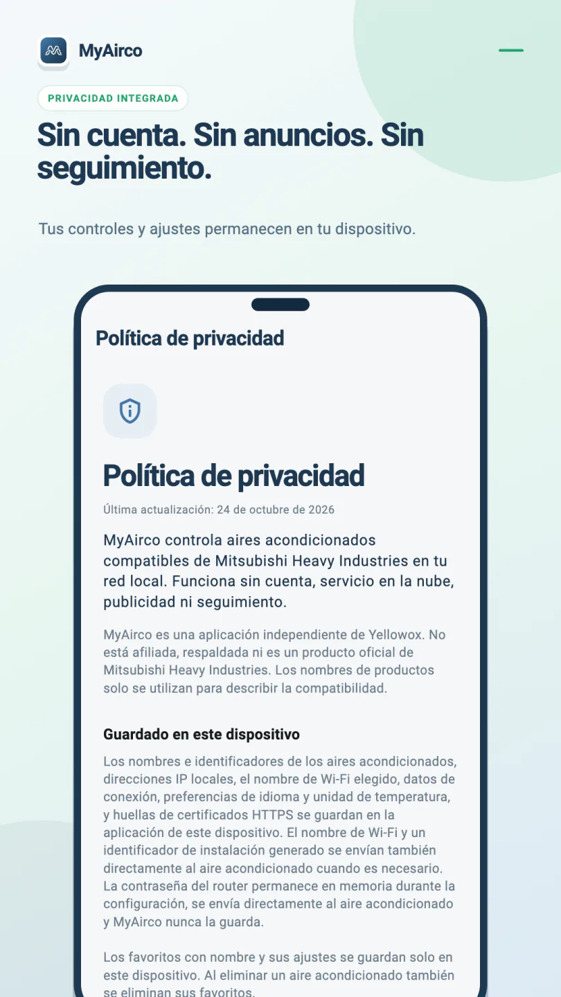 Política de privacidad de MyAirco sobre control wifi, datos de equipos y favoritos guardados en el teléfono.