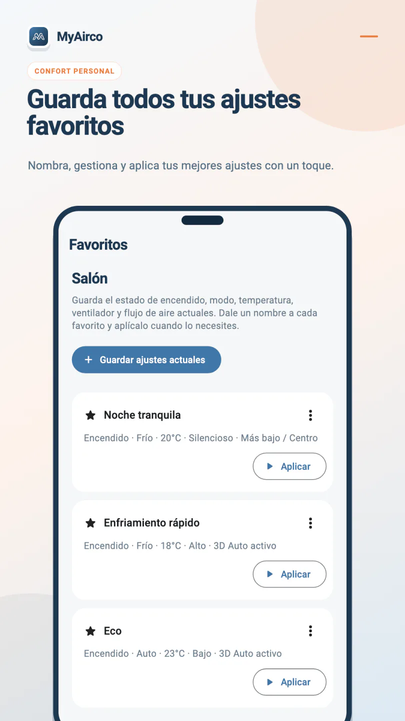 Pantalla de favoritos MyAirco con Noche tranquila, Frío rápido y Eco, cada uno con un botón Aplicar.