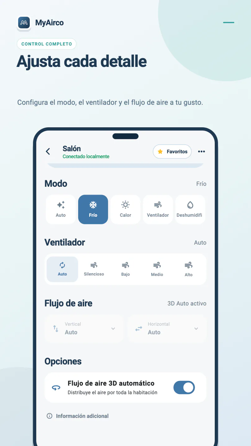 Controles de modo, ventilador y dirección vertical y horizontal del aire en MyAirco, con 3D Auto activado.