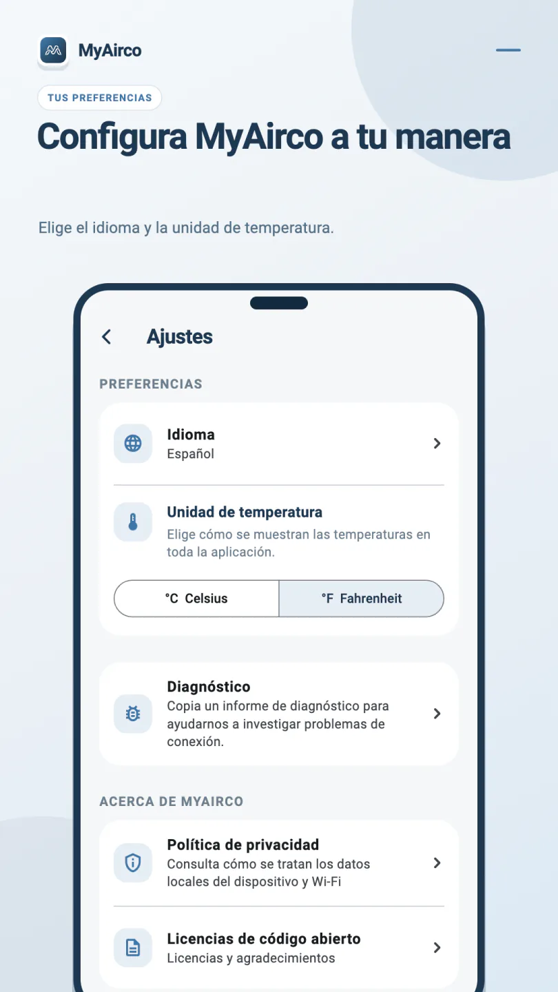 Ajustes de MyAirco con idioma, Celsius y Fahrenheit, diagnóstico, política de privacidad y licencias de código abierto.