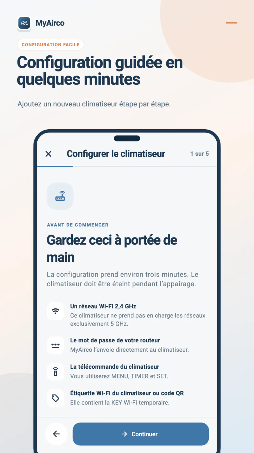 Première étape sur cinq de MyAirco, avec les éléments à préparer pour connecter l’adaptateur au réseau domestique.