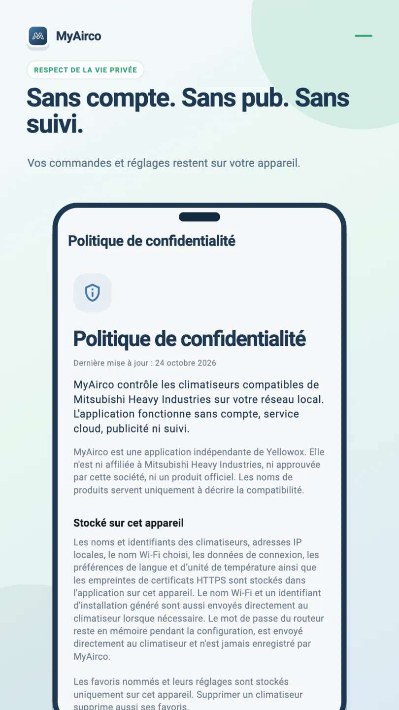 Politique de confidentialité MyAirco expliquant la commande Wi-Fi et le stockage local des appareils et favoris.