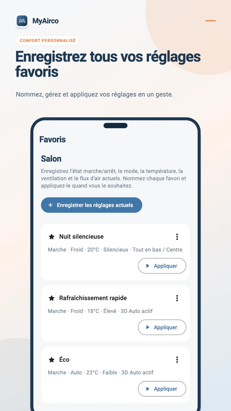 Favoris MyAirco avec Nuit silencieuse, Rafraîchissement rapide et Éco, chacun accompagné du bouton Appliquer.