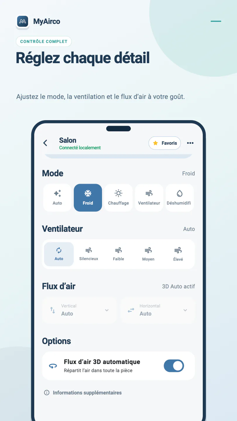 Commandes MyAirco du mode, de la ventilation et du flux vertical et horizontal, avec 3D Auto activé.