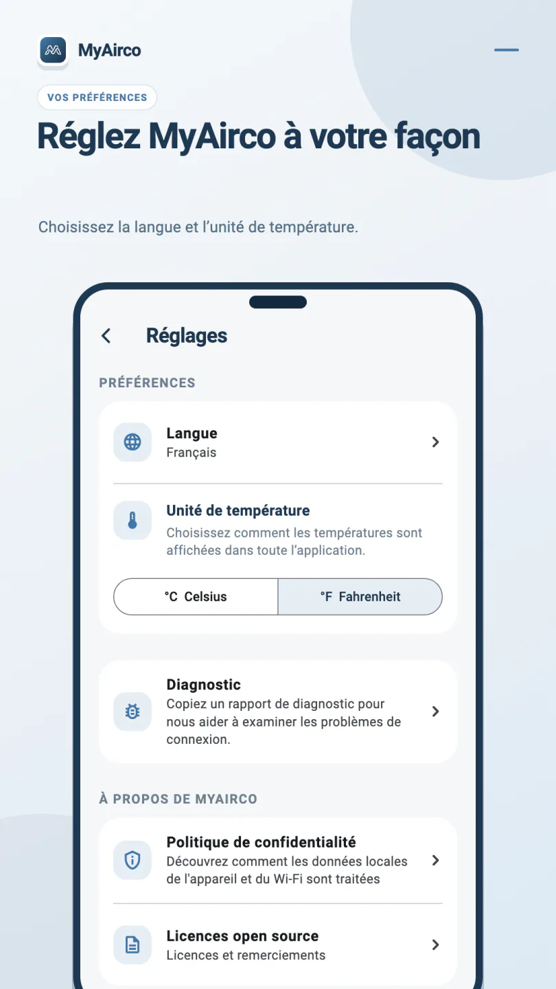 Réglages MyAirco : langue, Celsius et Fahrenheit, diagnostic, politique de confidentialité et licences open source.