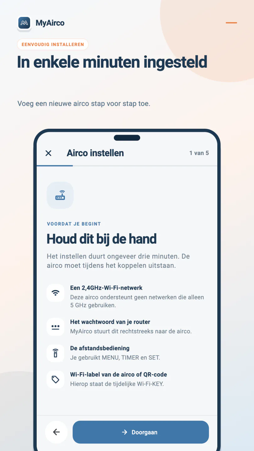 De installatiewizard van MyAirco bij stap één van vijf, met wat je bij de hand moet houden om een wifi-adapter aan je thuisnetwerk te koppelen.