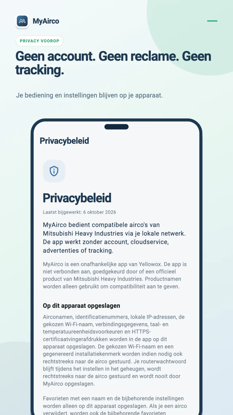 Het privacybeleid van MyAirco met uitleg over bediening via wifi en de apparaatgegevens en favorieten die op je telefoon worden bewaard.