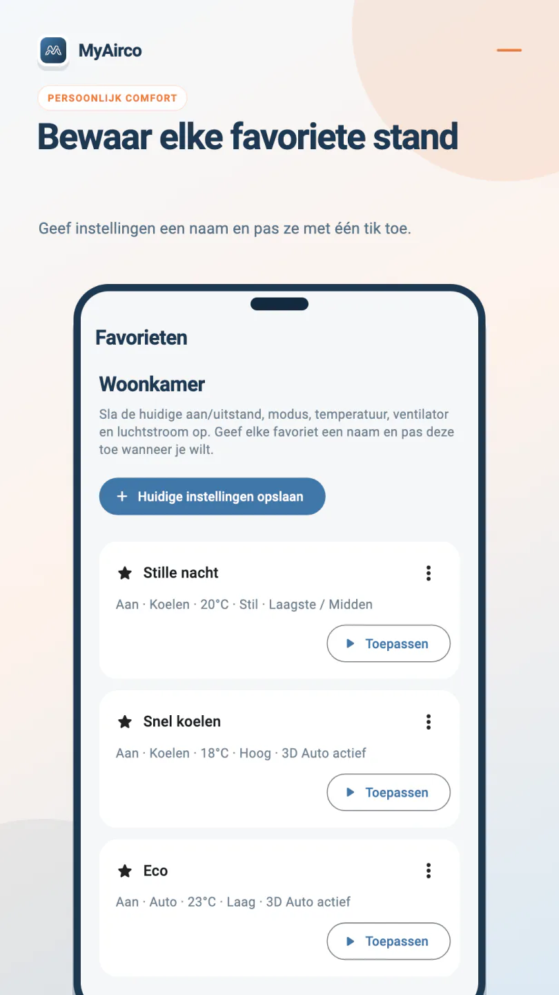 Het favorietenscherm van MyAirco met de opgeslagen instellingen Stille nacht, Snel koelen en Eco, elk met een knop Toepassen.