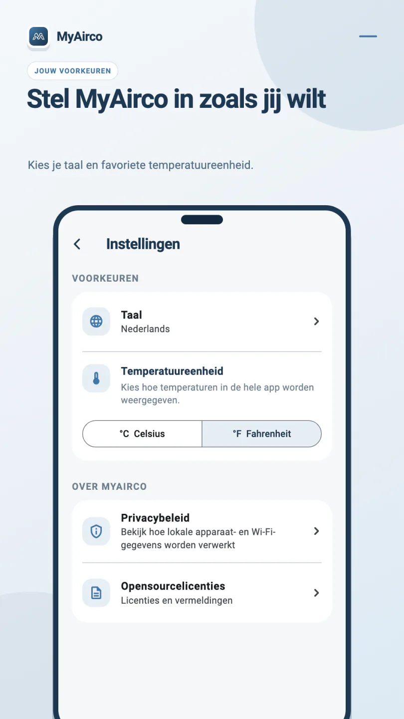 De instellingen van MyAirco met taalkeuze, Celsius en Fahrenheit, het privacybeleid en opensourcelicenties.